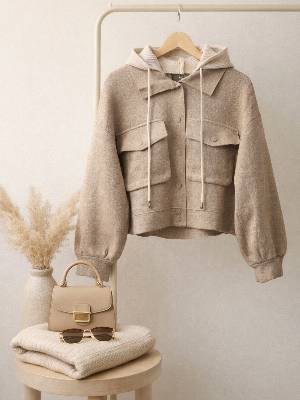 Neutral Beige Removable Hooded Knitted Jacket